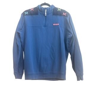 Vineyard Vines Vintage Blue 1/4 Zip Up Fish Bone Novelty Print Pullover Sweater